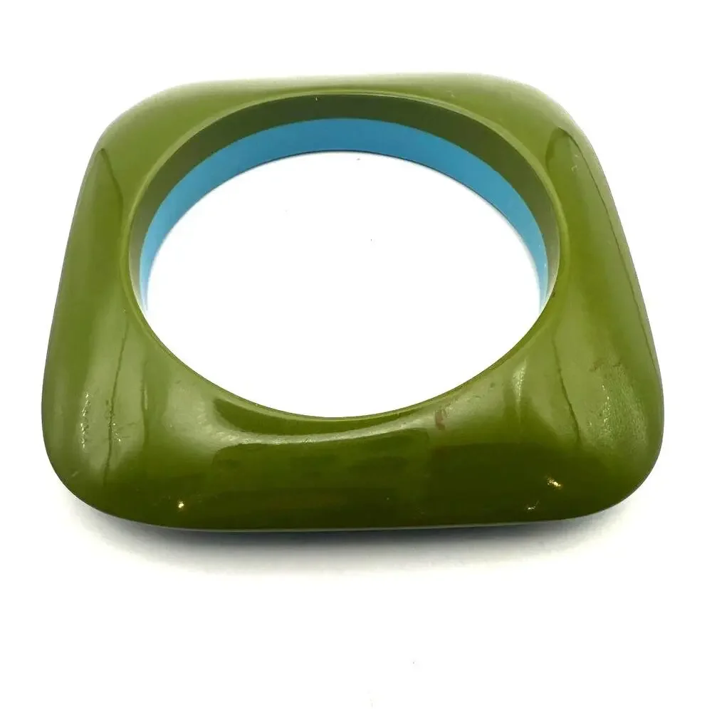 Square Chunky Blue Green Bangle Bracelet Plastic Retro Oversized Jewelry